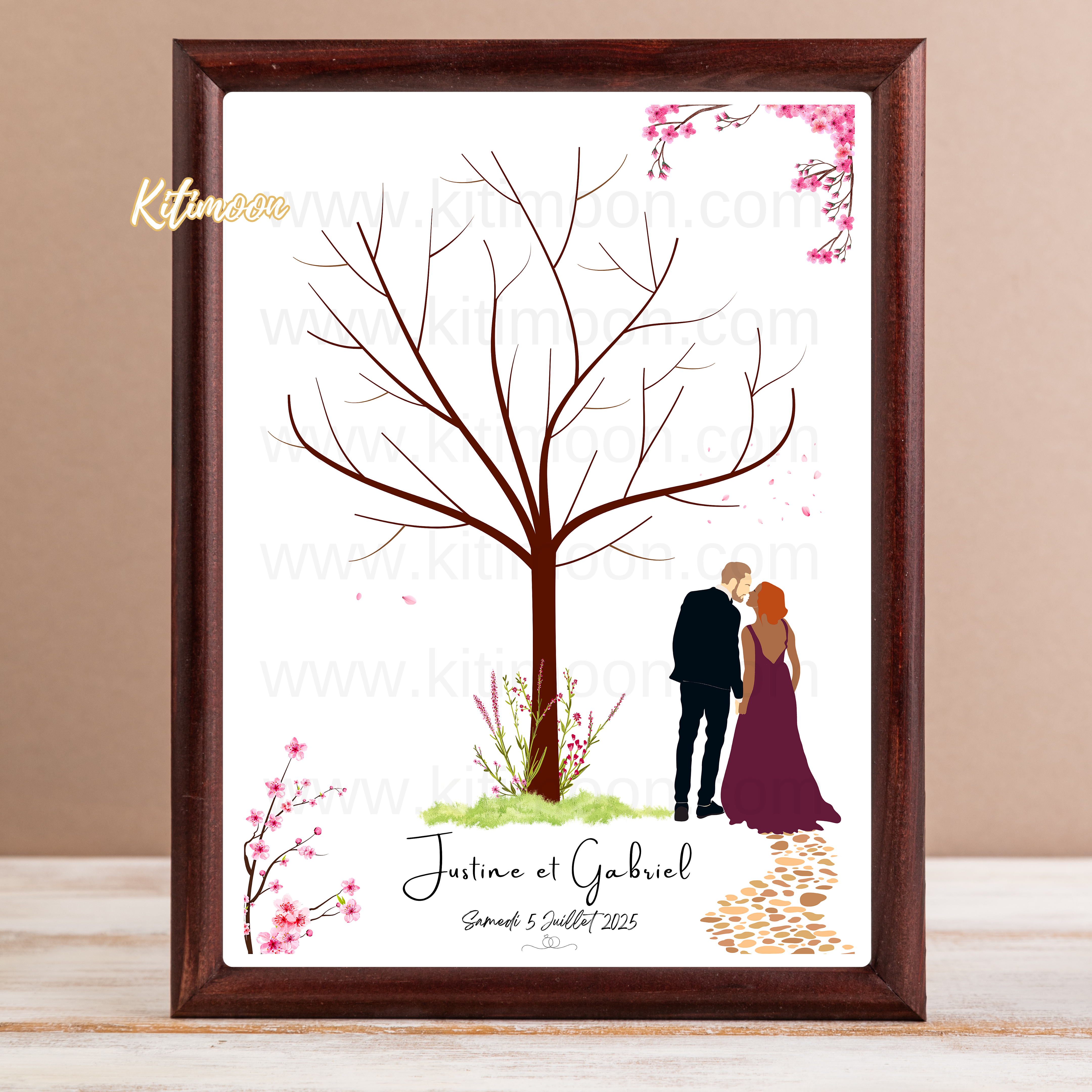 Arbre à empreinte mariage personnalisé avec portraits minimalistes